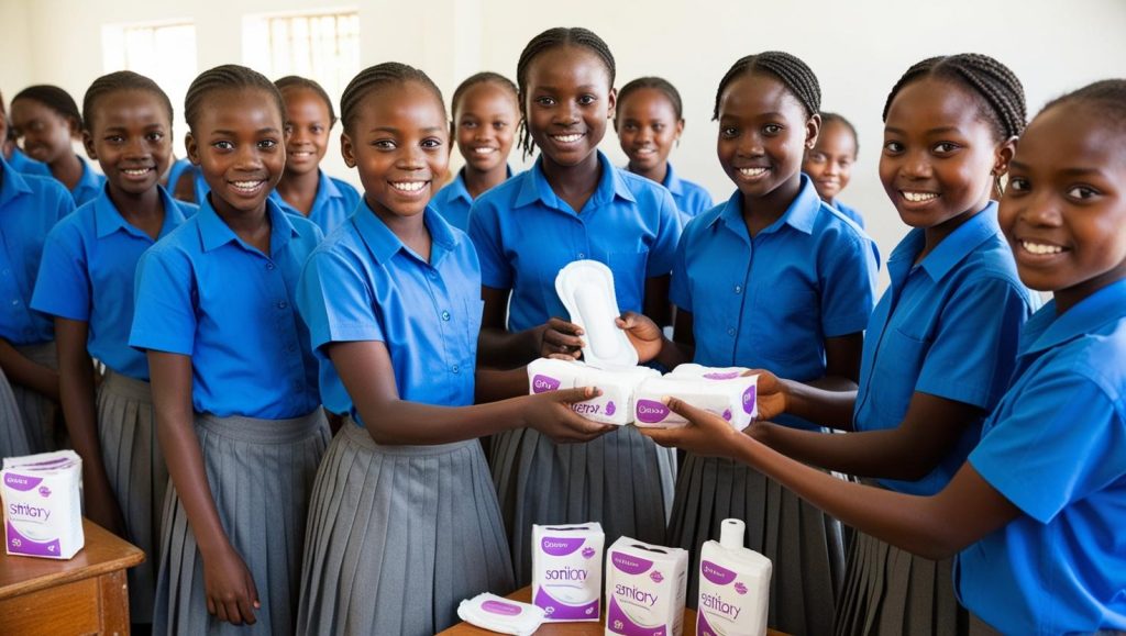 Please create an image with school girls receiving pads african in uniform and toiletries they should be in blue shirts and grey plian skirts as a uniform should be neat.